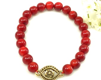 Red Coral Bracelet with evil eye pendant, anxiety relief healing protection lucky yoga balancing stretch gemstone for women