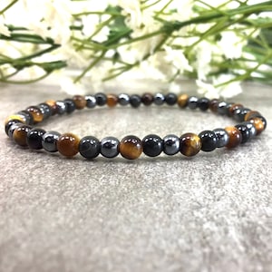 Triple Protection Beaded Bracelet Tiger Eye Obsidian Hematite Handmade Stretch Bracelet 4mm Healing Anxiety Relief Balancing For Men Women
