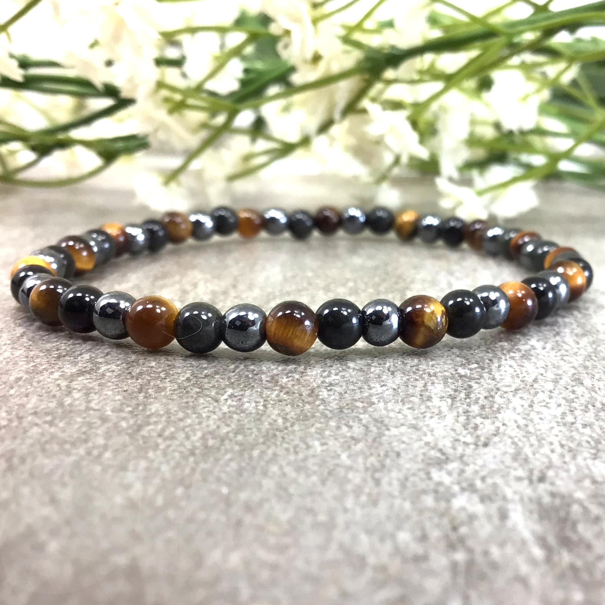 Triple Protection Beaded Bracelet Tiger Eye Obsidian Hematite Handmade Stretch Bracelet 4mm Healing Anxiety Relief Balancing For Men Women