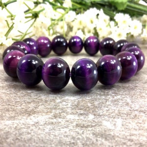 10mm Purple Tigers Eye Bracelet, Tigereye Bracelet, Stretchy String Bracelet, Anxiety Relief Healing Protection Balancing Bracelet Women