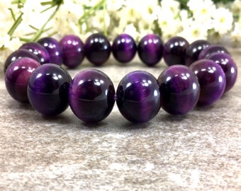 10mm Purple Tiger's Eye Bracelet, Stretchy Gemstone Jewelry