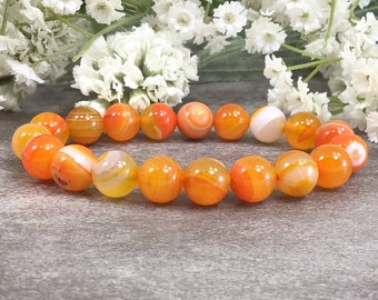 Handmade Orange Yellow Agate Beaded Bracelet, 10mm Stretchy Gemstone Jewelry