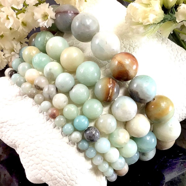 Natural Amazonite Beaded Bracelet Stretch Healing Gemstone Bracelet Reiki Jewelry Protection Good Luck Bracelet 4mm 6mm 8mm 10mm 12mm