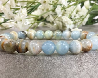Handmade Blue Lemurian Aquatine Calcite Bracelet, 8mm beads Natural Argentina Crystal