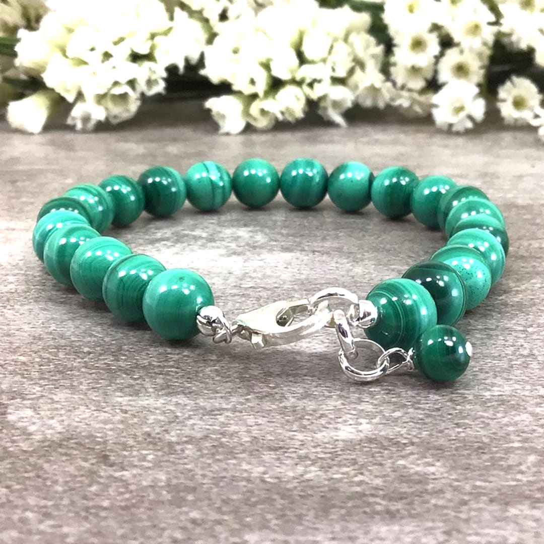 Handmade Stretch Bracelet With 10mm Green Malachite Beads | Natural Gemstone 6 thumbnail image