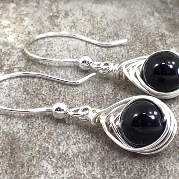 Natural Black Onyx Wire Wrapped Earrings Sterling Silver 14k Gold Filled Healing Stone Dangle Birthday Gift Mom Gift