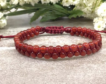 4mm Double Layer Carnelian Macrame Bracelet, Natural Red Carnelian Bracelet, Charka Anxiety Relief Spiritual Protection Balancing Bracelet