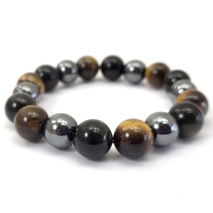 Triple Protection Tiger Eye Black Obsidian Hematite Handmade 12mm Stretchy Bracelet Healing Anxiety Relief Balancing Protection