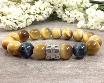 Gold Tigereye Bracelet with Stainless Steel Cross 12mm Round Beads