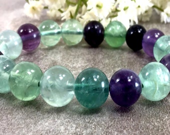 Natural Fluorite Rainbow Crystal Beaded Bracelet Handmade 12mm Stretch Bracelet Charka Healing Anxiety Relief Gemstone Gift For Women Men