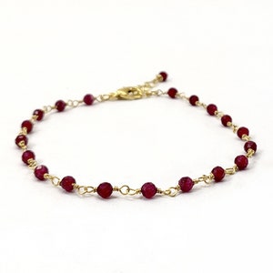 Ruby Beaded Gemstone Chain Bracelet Custom 3mm Faceted Round Beads Gold Silver Plated Bracelet Gift For Her