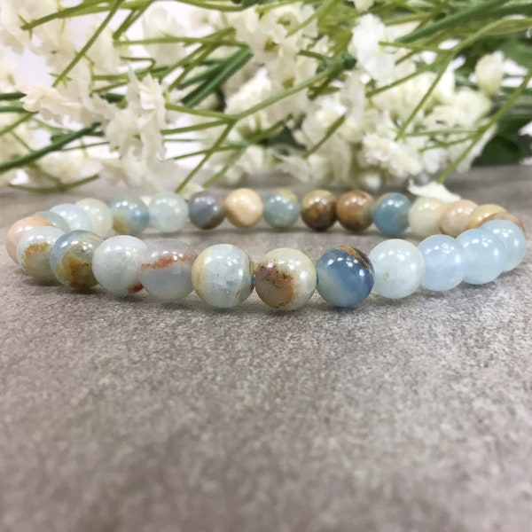 Natural Blue Argentina Lemurian Aquatine Calcite Beaded Bracelet Handmade 6mm Crystal Jewelry Chakras Healing Balancing Jewelry