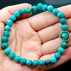 7mm Natural Blue Turquoise Bracelet, Faceted Round Beaded Bracelet, Stretch Turquoise Bracelet ,Healing Gemstone, Genuine Natural Turquoise