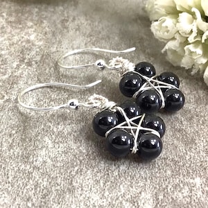 Natural Black Onyx Wire Wrapped Star Earrings Sterling Silver 14k Gold filled Healing Stone Dangle Birthday Gift Mom Gift