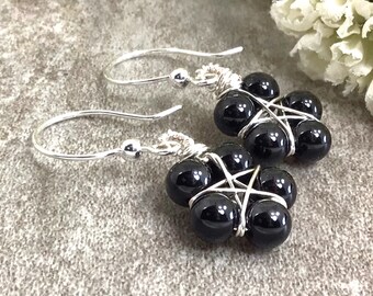 Black Onyx Star Earrings Wire Wrapped Sterling Silver Dangle Earrings