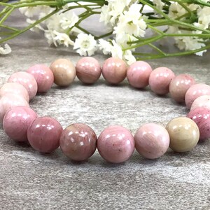 Natural Pink Rhodonite Beaded Bracelet Handmade Stretch Beaded Jewelry Healing Calming Balancing Anxiety Bracelet Gift For Women 10MM