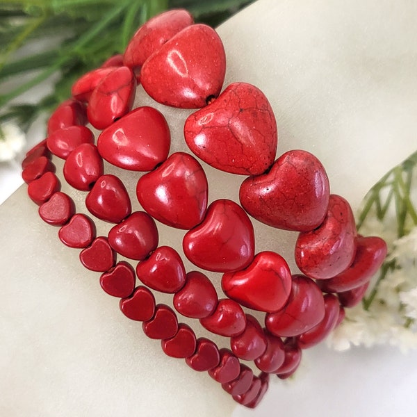 Red Heart Charm Tourquoise Howlite Beaded Bracelet Handmade Stretch Gemstone Magnesite Tourquoise Beads 6mm 8mm 12mm 15mm