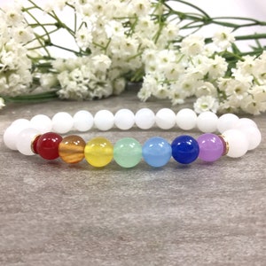 Premium Rainbow Jade Gemstone Bracelet, Handmade Round Beads Stretch Bracelet 8mm Summer Jewelry