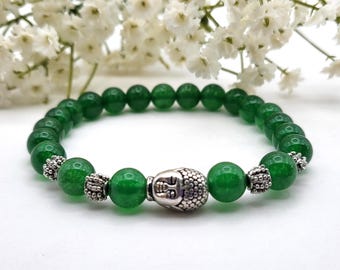 Handmade Green Jade Bracelet 8mm Gemstone Bead, Buddha Charm, Boho Jewelry