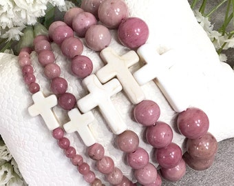 Pink Rhodonite Beaded Bracelet with Howlite Cross Pendant 4-12mm