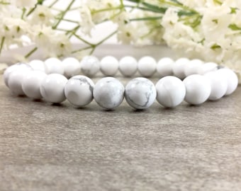 White Howlite Bracelet, 8mm Round Gemstone, Stretchy Balancing Jewelry