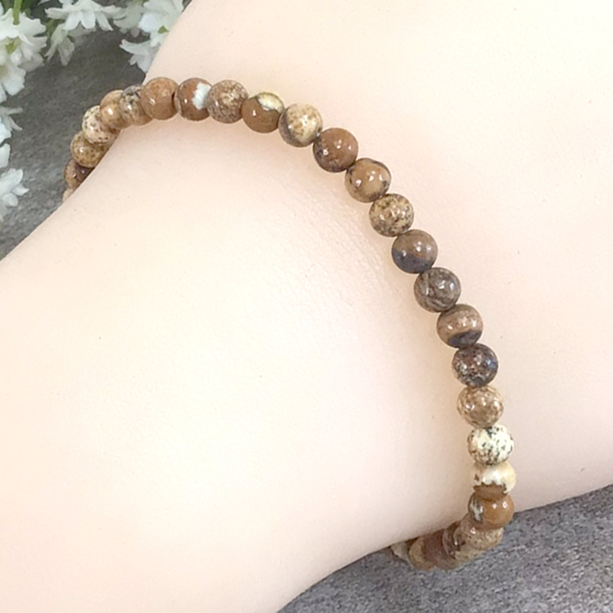 Lochie - 4mm - Brown Jasper Stone Beaded Stretchy Bracelet with Gold Cube Beads