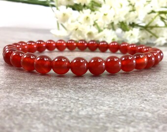 Natural Orange Red Carnelian Bracelet, Handmade 6mm Stretch String Gemstone Bracelet Holiday Gift