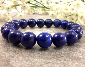 10mm Blue Lapis Lazuli Round Beaded Bracelet, Blue Crystal Jewelry, Healing Anxiety Relief Balancing Calming Stretchy Bracelet For Women