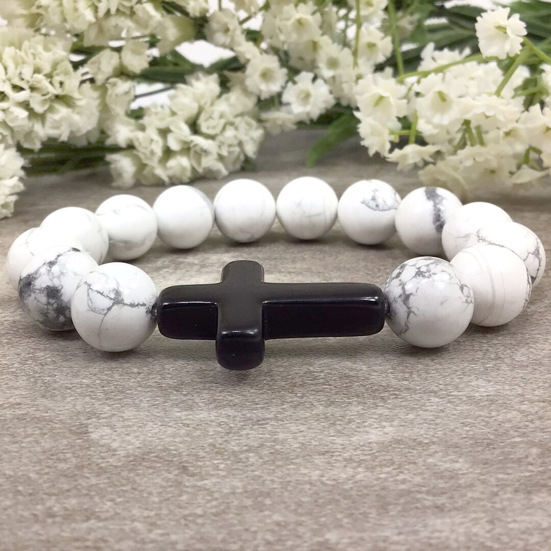 White Howlite Beaded Bracelet With Black Howlite Cross Pendant Healing ...