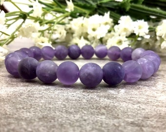 8mm Matte Purple Amethyst Bracelet, February Birthstone Bracelet, Amethyst Jewelry, Healing Crystal Elastic Bracelet, Women Bracelet