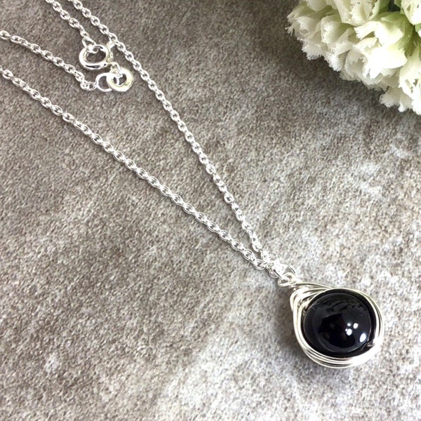 Black Onyx  Pendant Necklace Healing Reiki Gemstone Wrapped Sterling Silver Gold Filled Birthday Christmas Gift For Women