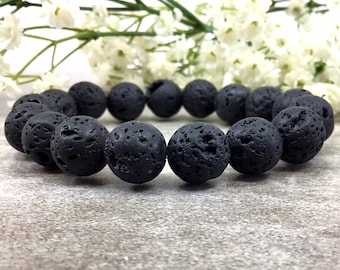 Black Lava Stone Bracelet, 12mm Beaded Diffuser Bracelet