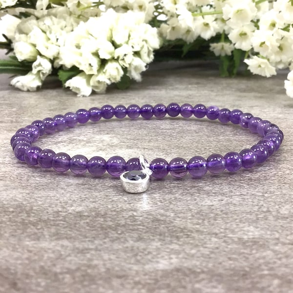 4mm Natural Amethyst Bracelet with Sterling Silver February Birthstone Purple CZ Charm Pendant, Healing Crystal Elastic Bracelet