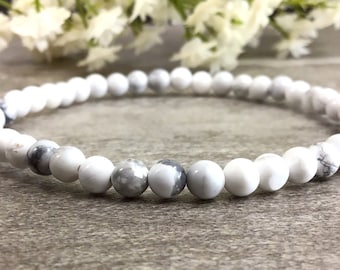 4mm White Howlite Bracelet, Stretchy Gemstone Healing Bracelet