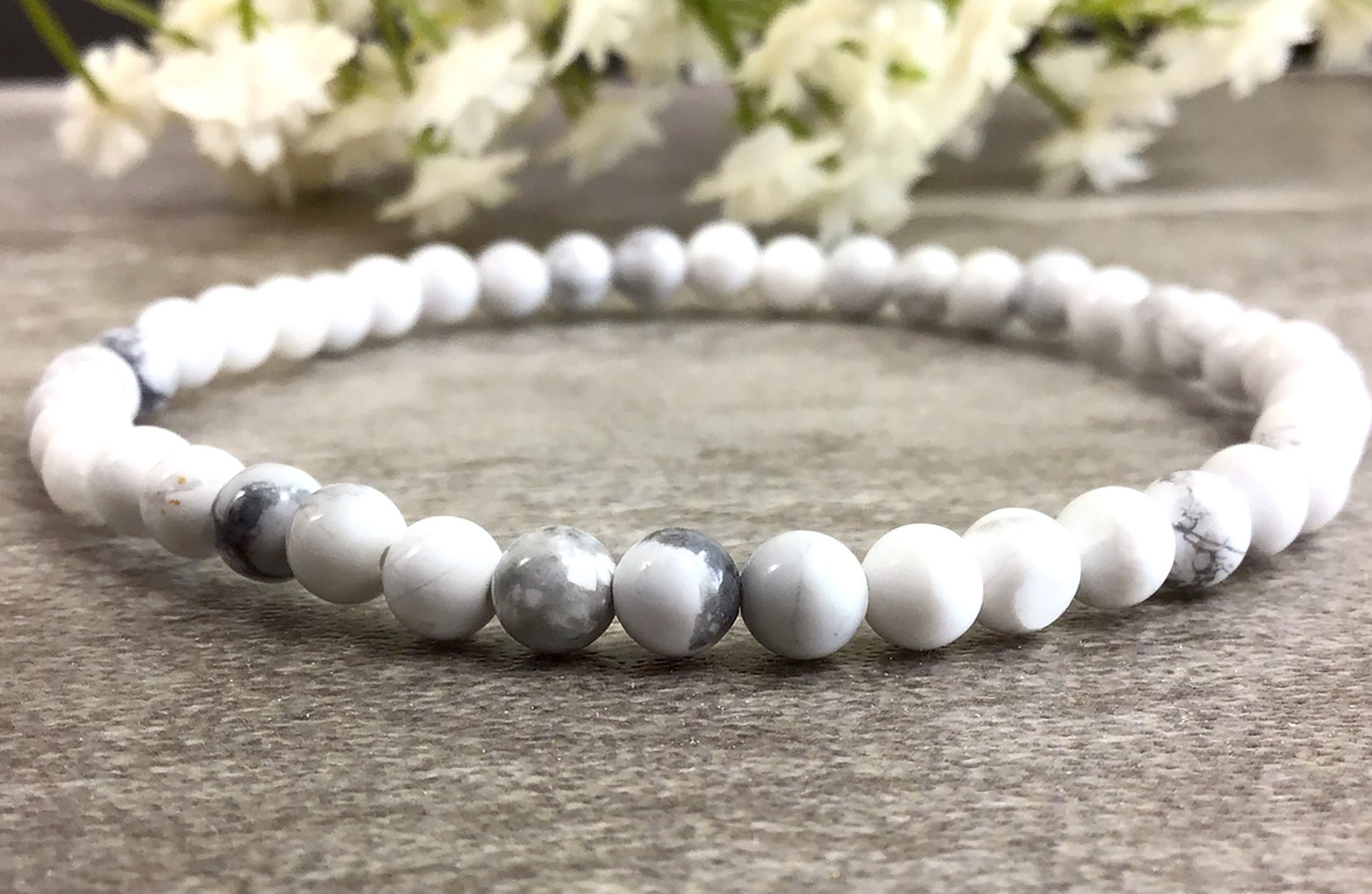 White Marble Howlite Stone Bead Bracelet with Bronze Spacers -  10mm-Wholesale
