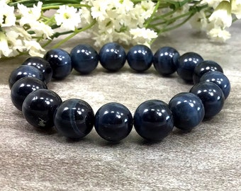 12mm Gray Blue Tiger's Eye Bracelet, Healing Crystal