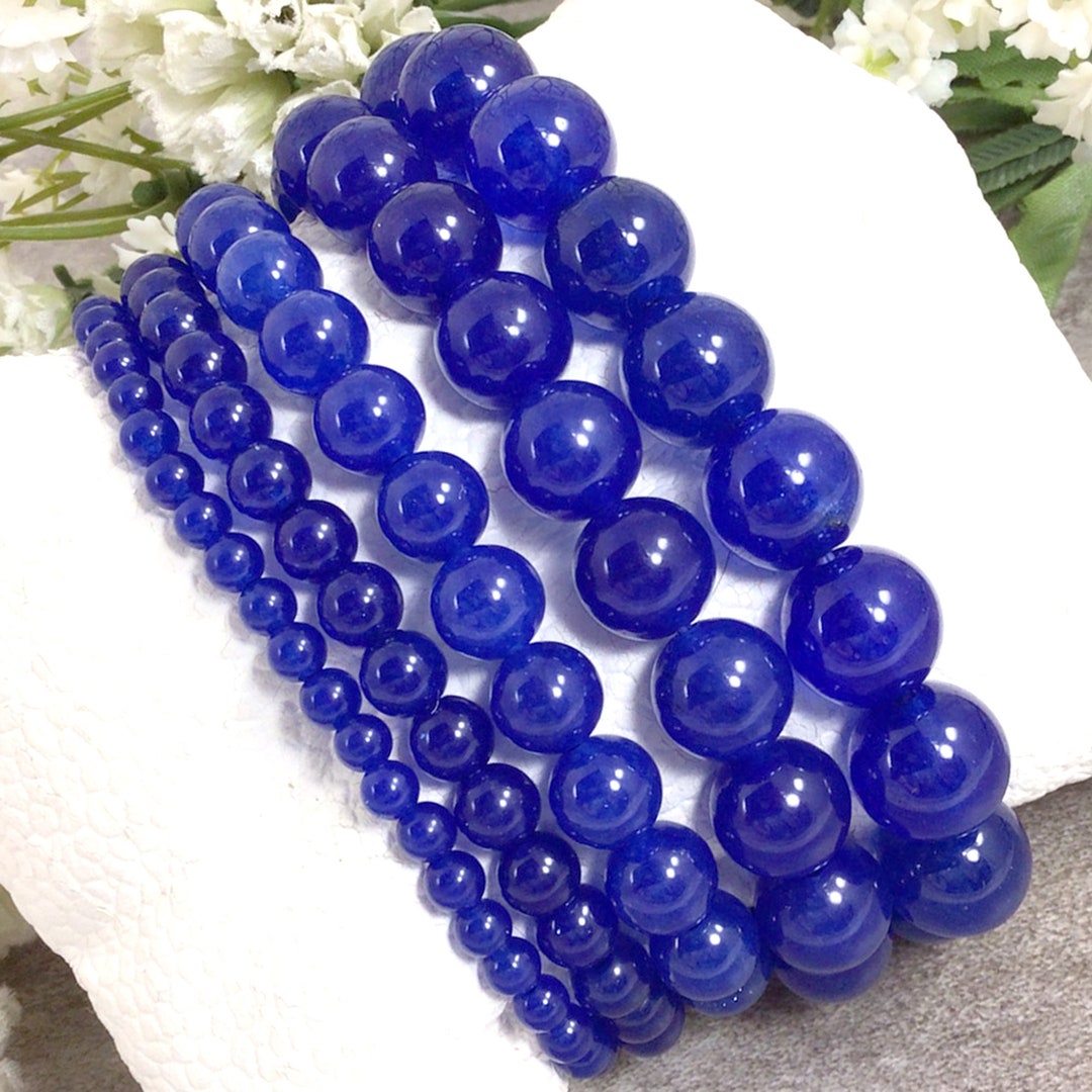 Premium Navy Blue Jade Stretch Bracelet, Handmade Gemstone Round Beads