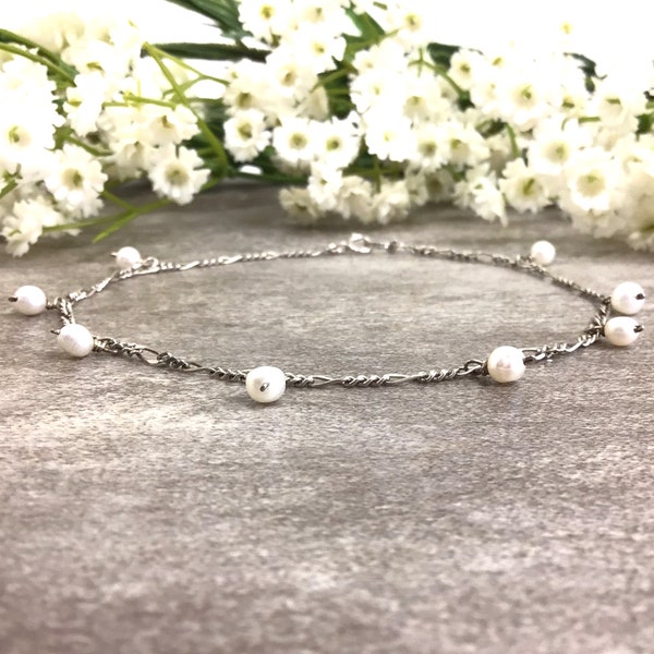 4mm White Pearl Antique Sterling Silver Bracelet or Anklet, Round Beaded Bracelet, Dainty Gemstone Bracelet, Holiday Gift for Wife Women