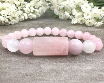 Rose Quartz Moonstone Beaded Bracelet Handmade Gemstone Pendant