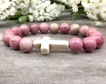 10mm Pink Rhodonite Beaded Bracelet with Howlite Cross Pendant