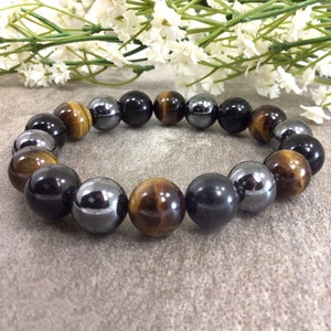 Triple Protection Beaded Bracelet Tiger Eye Black Obsidian Hematite 10mm Stretchy Bracelet Healing Anxiety Relief Balancing Protection