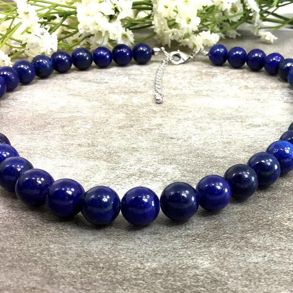 10mm Blue Lapis Necklace, Crystal Jewelry, Healing Anxiety Relief Balancing Calming Necklace For Women And Men Personalized length 14"-24"