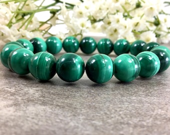 10mm Natural Green Malachite Bracelet, Gemstone Healing Jewelry