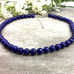 Blue Lapis Beaded Necklace Crystal Jewelry Handmade 8mm Healing Anxiety Calming Necklace For Women And Men Personalized length 14&quot;-24&quot;