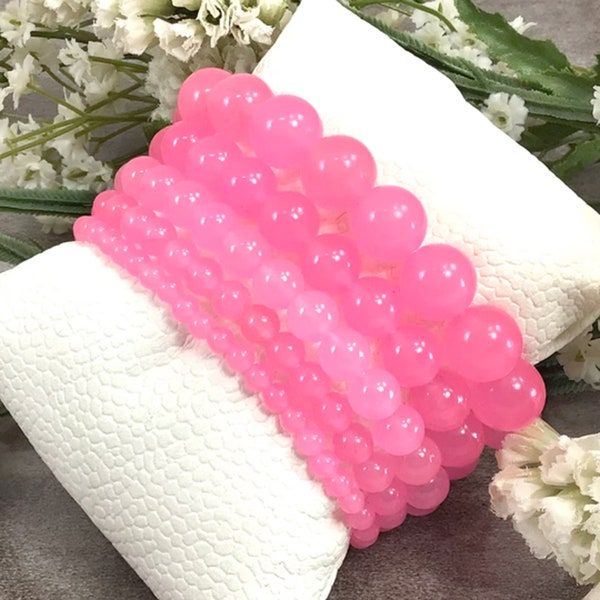 Rose Pink Jade Bracelet High Quality Handmade Round Beaded Stretch Bracelet for Women, 4mm 6mm 8mm 10mm 12mm Summer Jewelry