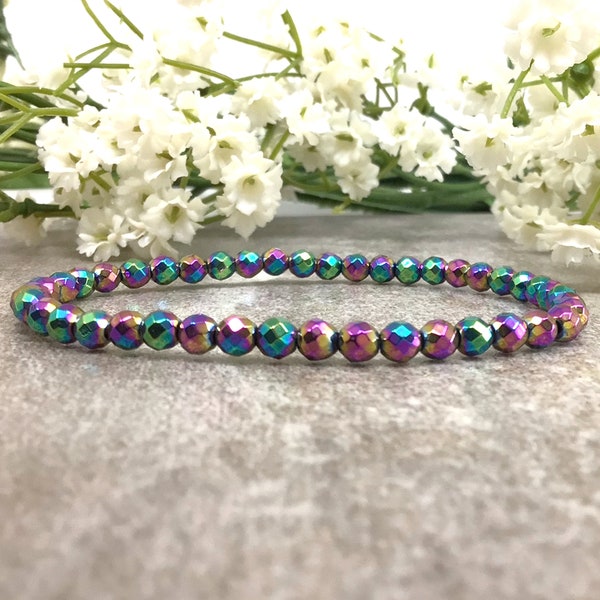 4mm Natural Faceted Round Rainbow Hematite Bracelet, Balance Meditation Bracelet, Root Chakra Bracelet, Holiday Gift