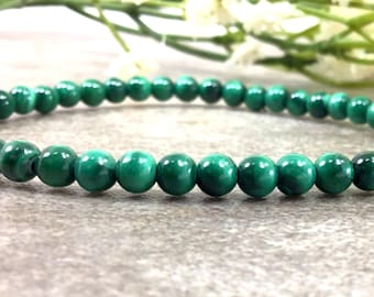 Handmade Green Malachite Bracelet, 4mm Round Beads, Stretch Bracelet