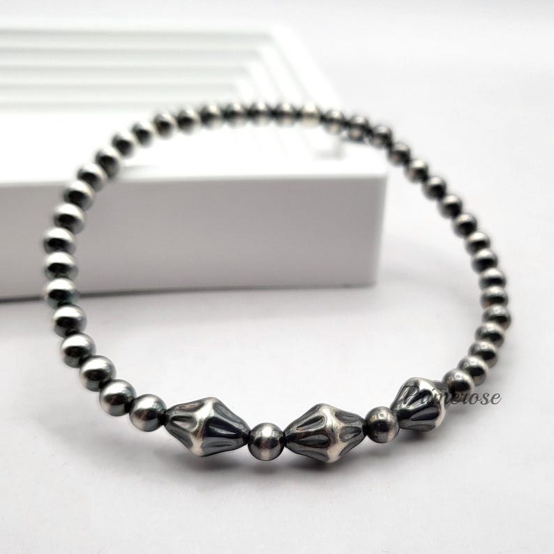 Oxidized 925 Sterling Silver Pearl Beaded Bracelet 4mm Round & Bicone Beads Custom Made USA image 4