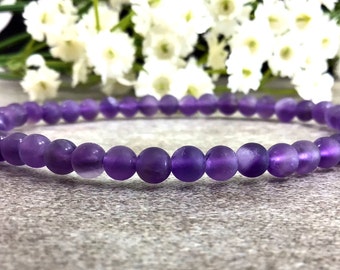 4mm Matte Purple Amethyst Bracelet, February Birthstone Bracelet, Amethyst Jewelry, Healing Crystal Elastic Bracelet, Women Bracelet