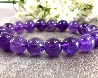 10mm Natural Purple Amethyst Bracelet, February Birthstone Bracelet, Amethyst Jewelry, Healing Crystal Elastic Bracelet, Women Bracelet
